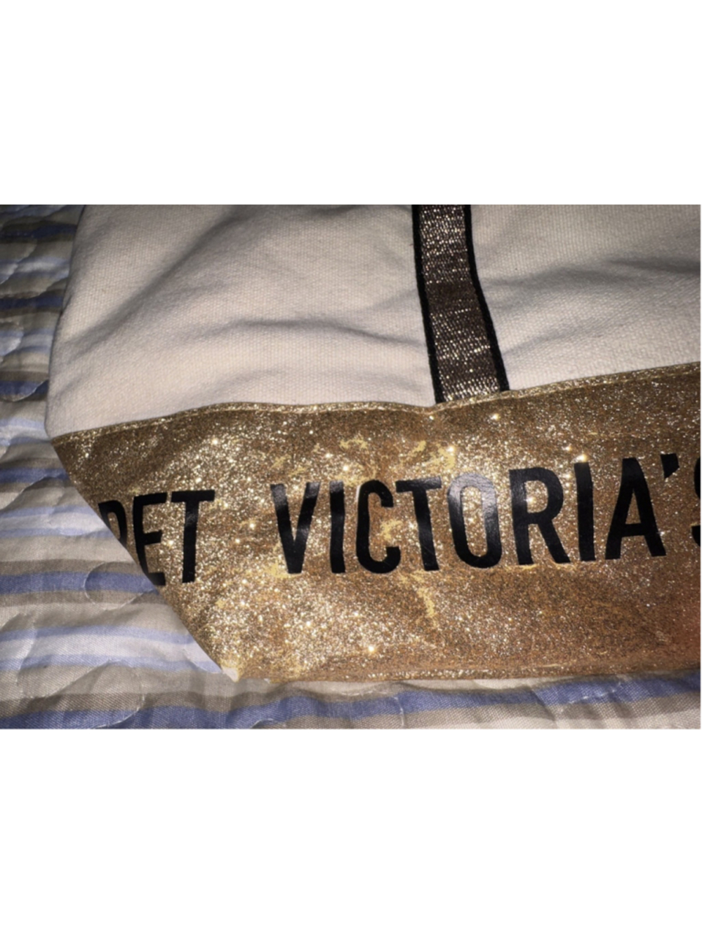 Victoria’s Secret Sparkle Carryall Canvas Tote Bag Weekender Gold Glitter Travel - Picture 4 of 13